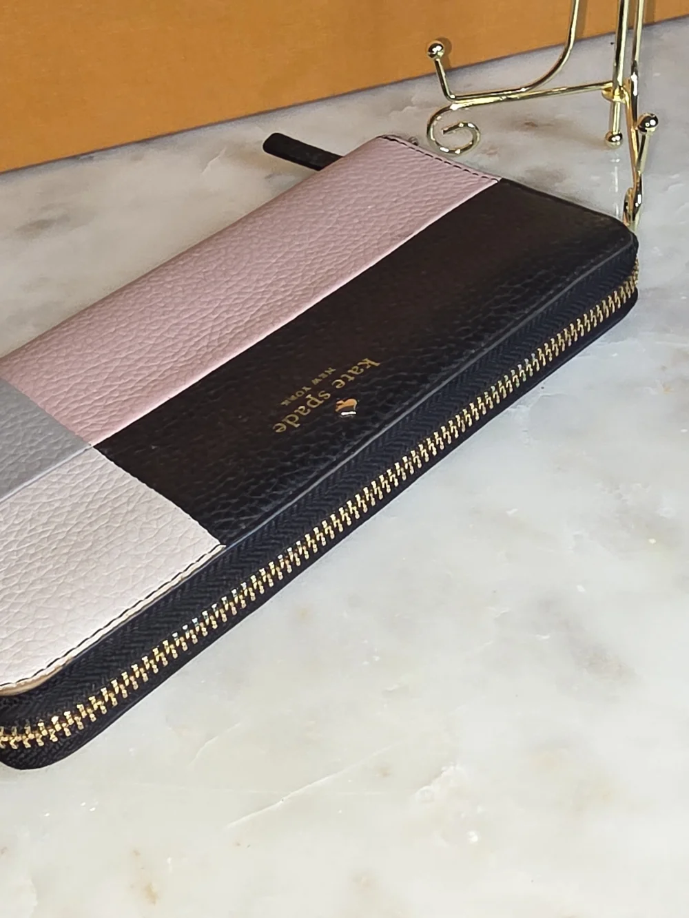 kate spade Colorblock Pebbled Leather Zip Wallet - Black, Pink, White & Gray
